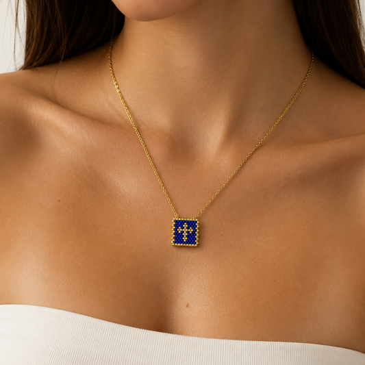 Blue & Gold HandwovenCross Necklacea