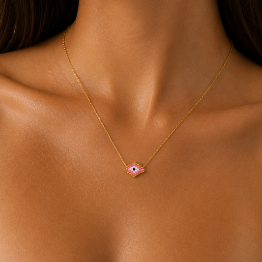 Pink Evil Eye Handwoven Necklace