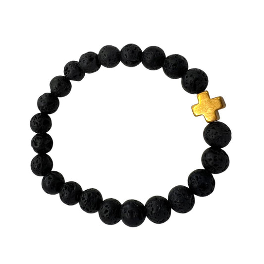 Black Lava Stone And 18k Gold K Gold Cross Men’s Bracelet