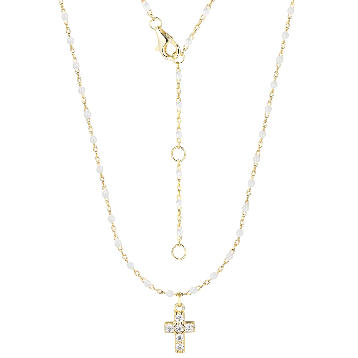 Mini Cross White Beaded Necklace - Gold