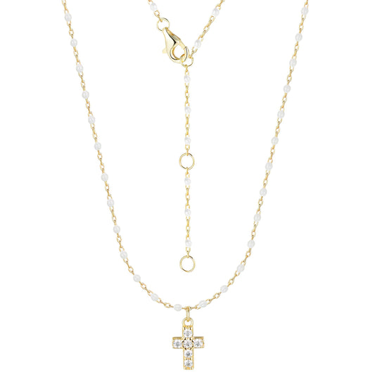 Mini Cross White Beaded Necklace - Gold