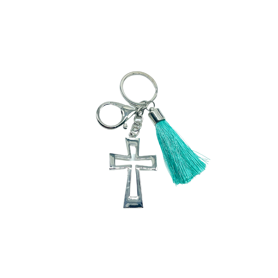 Cross And Turquoise Tassel Keyring